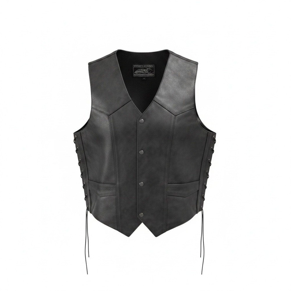 Event Leather Mens Black Biker Motorcycle Vest Side‎ Lace Snap Front L Large